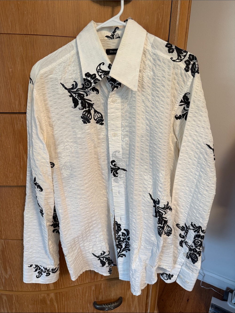Bespoke White Button-Down Shirt with Black Floral Accents